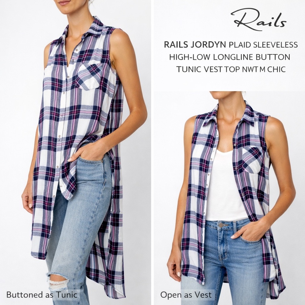NWT,Rails,Jordyn Plaid Sleeveless High-Low-Longline Button Tunic,Vest,Size Med.